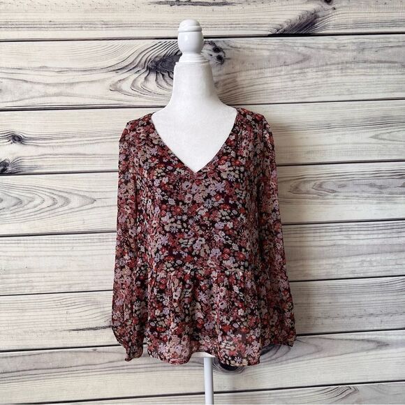 Loft Burgundy Floral V Neck Peplum Blouse - Picture 3 of 10